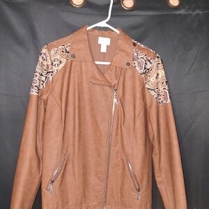 Chico's Brown Leather Jacket with Paisley Accents
